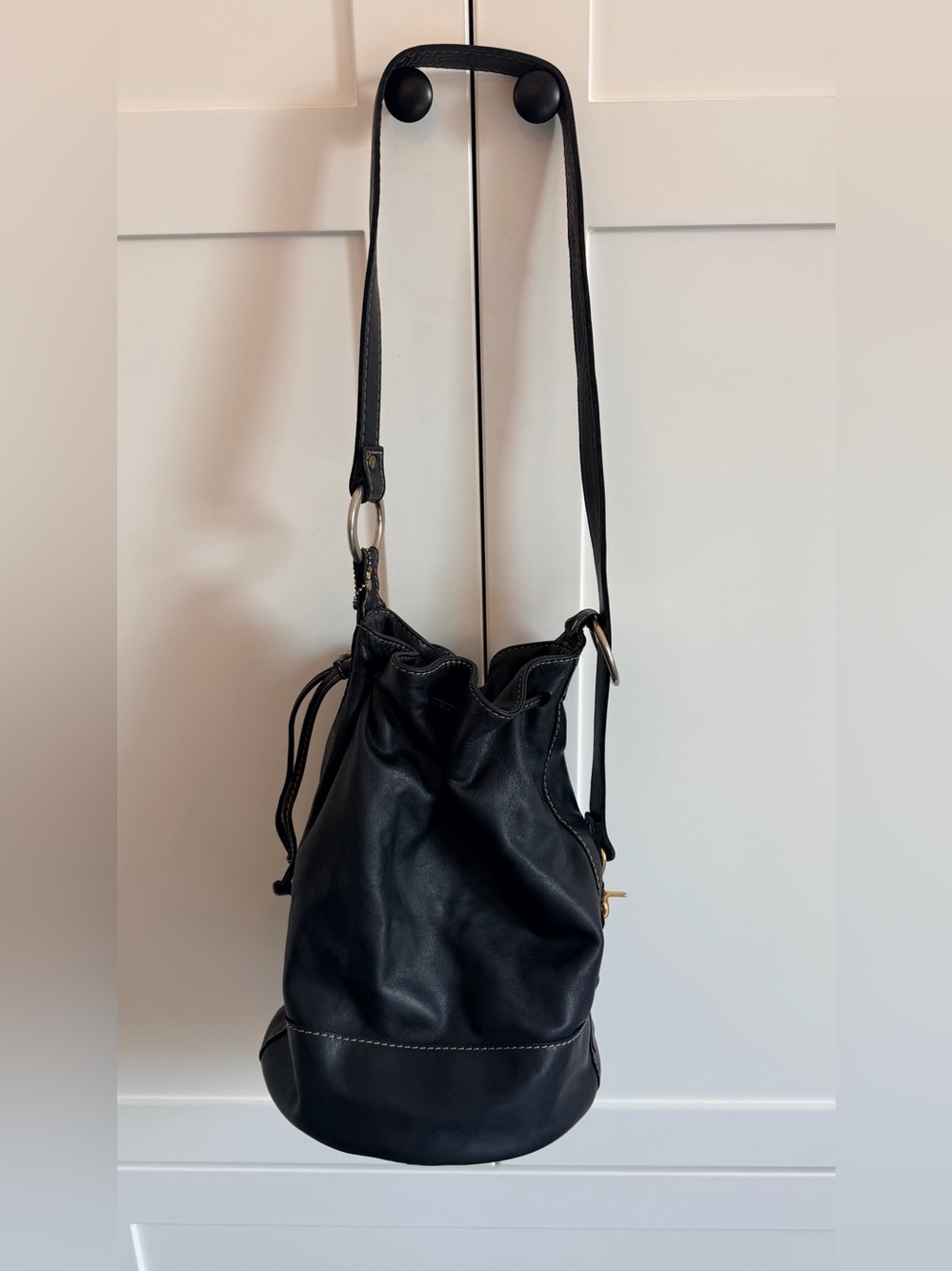Vintage Black leather bespoke drawstring bucket bag
